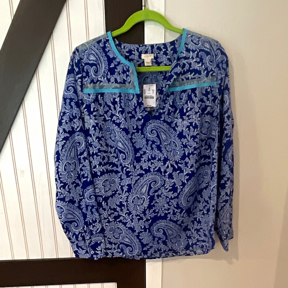J.Crew Blue/White Paisley V-Neck Long Sleeve Lace Trim Pullover Blouse M